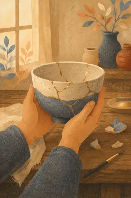 Hands Holding Restored Pottery with Gold Seams