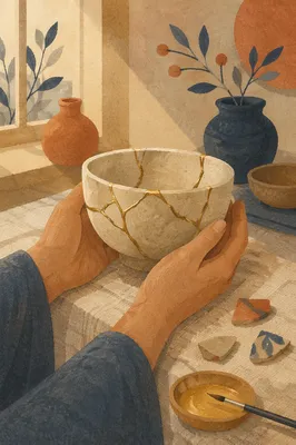Hands Holding Restored Gold-Seamed Pottery