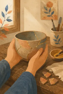 Hands Holding Restored Pottery with Gold Seams