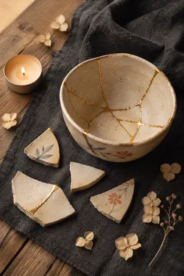 Golden Restored Pottery on Charcoal Linen