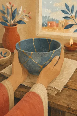 Restored Golden Pottery Held in Gentle Hands