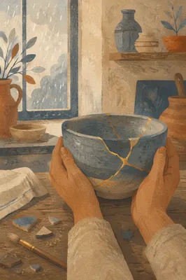 Gold-Mended Bowl Held in Gentle Hands