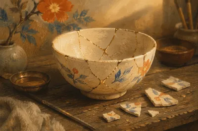 Kintsugi Bowl Restored with Golden Seams