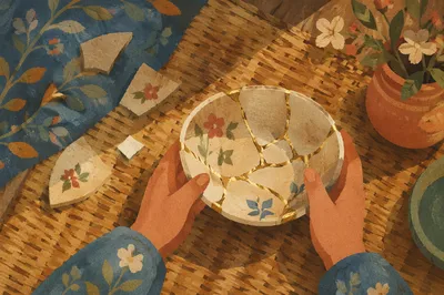 Kintsugi Pottery Restoration in Golden Light