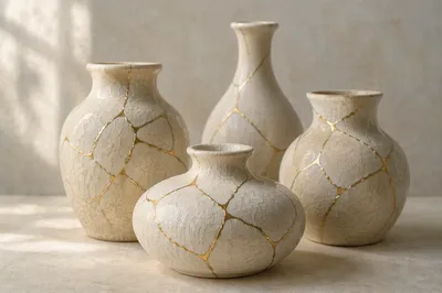 Restored Broken Pottery with Golden Seams