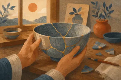 Hands Holding Restored Pottery with Gold
