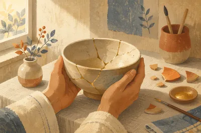 Hands Holding Restored Golden Ceramic Bowl