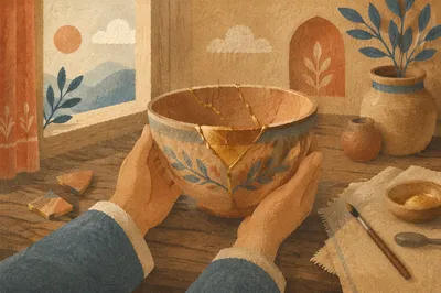 Hands Holding Restored Golden-Seamed Pottery