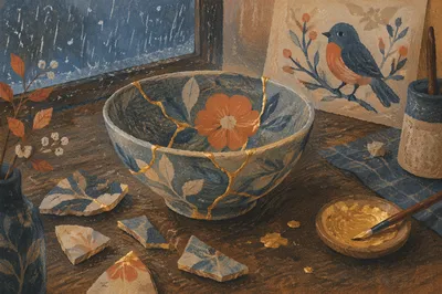 Restored Gold-Seamed Pottery at Blue Hour