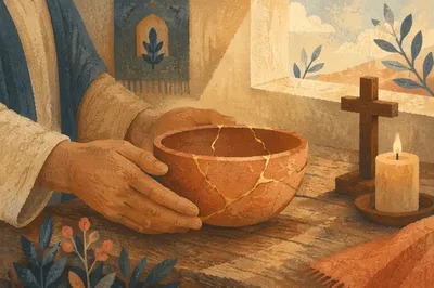 Restored Clay Bowl with Praying Hands