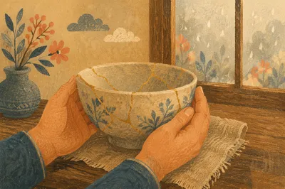 Restored Golden Pottery Held in Gentle Hands
