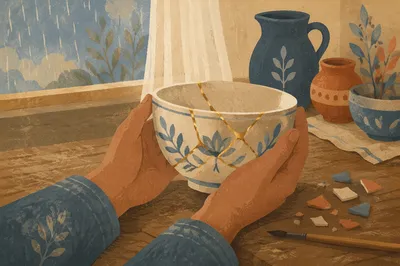 Golden Restored Pottery Held in Tender Hands