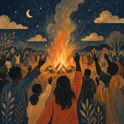 Silhouetted Crowd Around Night Bonfire