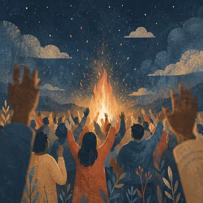 Backlit Crowd Around Bonfire at Night