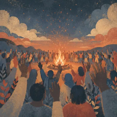 Crowd Around Bonfire at Dusk