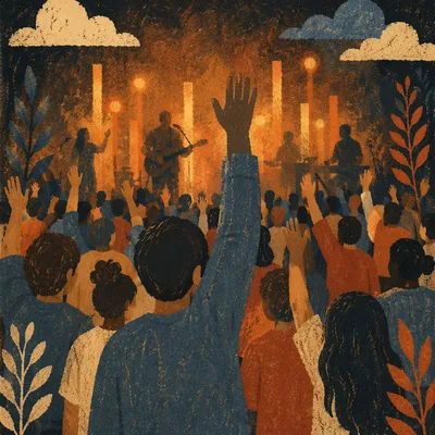 Raised Hands in Indoor Concert Crowd