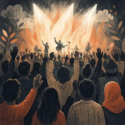 Silhouetted Crowd Facing Bright Lit Stage