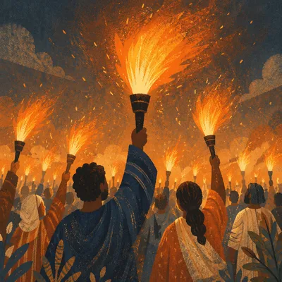 Revival Crowd with Raised Fire Torches
