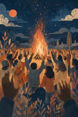 Backlit Crowd Around Bonfire at Night