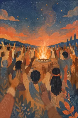 Crowd Around Bonfire at Dusk