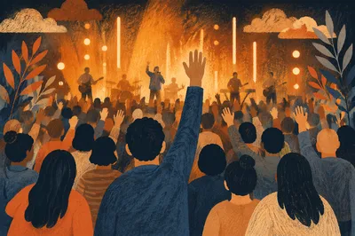 Raised Hands in Indoor Worship Crowd
