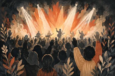 Silhouetted Crowd Facing Bright Lit Stage