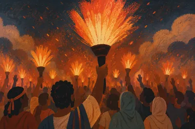 Revival Crowd with Raised Fire Torches