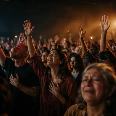 Emotional Crowd Raising Hands Indoors