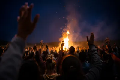 Silhouetted Crowd Around Bonfire at Night