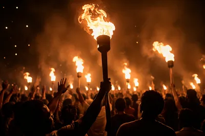 Revival Crowd with Raised Fire Torches