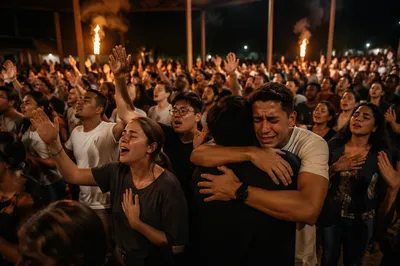 Energetic Night Crowd in Firelight