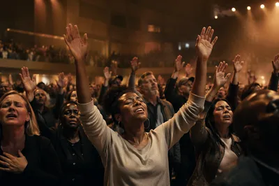 Emotional Crowd with Raised Hands Indoors