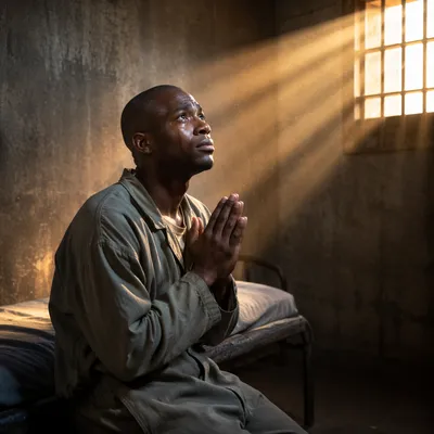 Hopeful Man Kneeling in Prison Cell