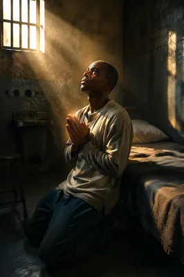 Hopeful Man Kneeling in Prison Cell
