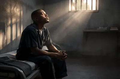 Hopeful Man in Prison Cell Dawn