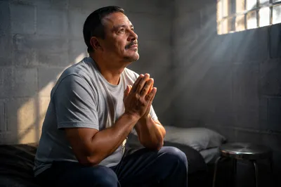 Hopeful Man in Sunlit Prison Cell