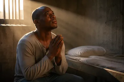Hopeful Man Kneeling in Prison Cell