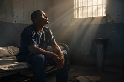 Hopeful Man in Prison Cell Light