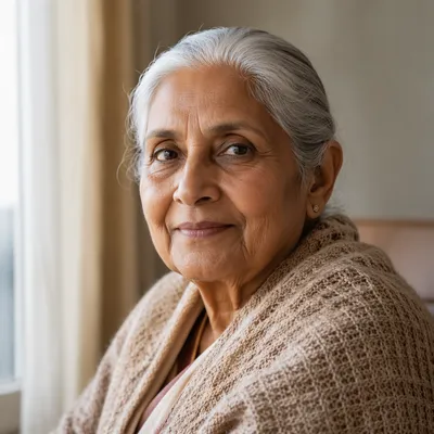 Dignified Elderly Woman by Sunlit Window