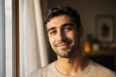 Smiling Young Man in Morning Window Light