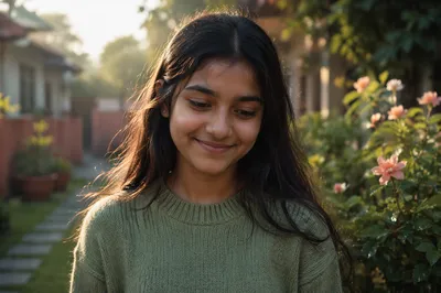 Shy Teenage Girl in Morning Garden