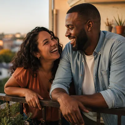 Laughing Adult Siblings on Sunlit Balcony