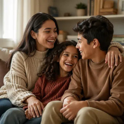 Three Siblings Laughing on Living Room Sofa