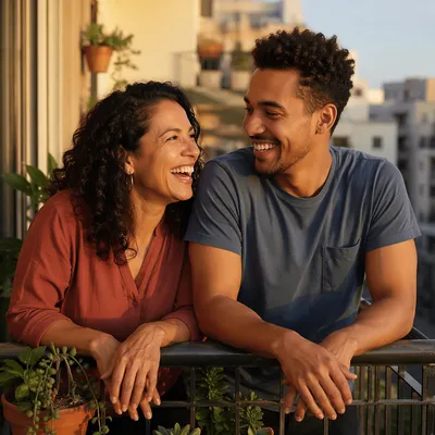 Laughing Adult Siblings on Sunlit Balcony