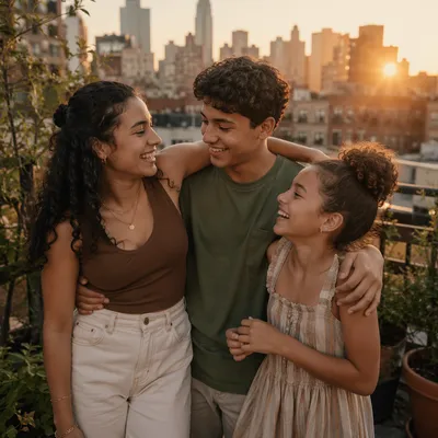 Three Siblings Laughing on Rooftop Garden