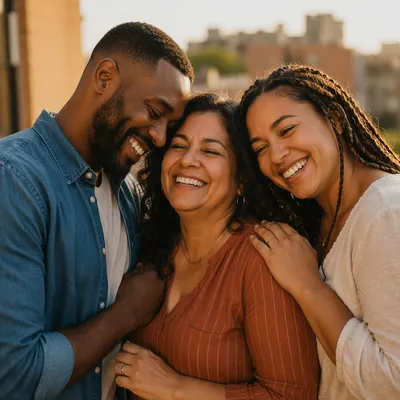 Three Adult Siblings Laughing on Balcony