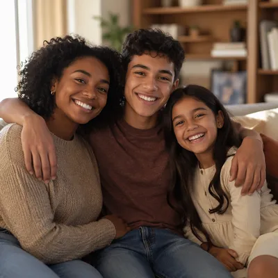 Three Siblings Laughing on Living Room Sofa