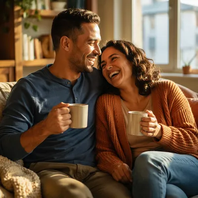 Laughing Adult Siblings on Cozy Sofa