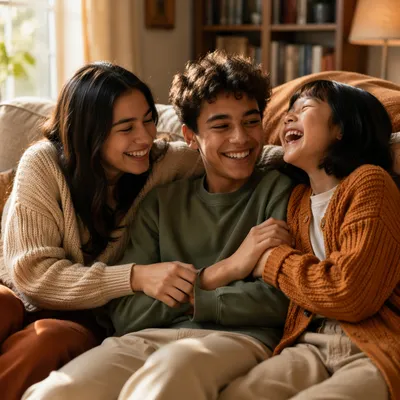 Three Siblings Laughing on Living Room Sofa