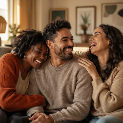 Three Adult Siblings Laughing on Sofa
